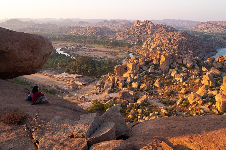 Hampi's boulder landscape at sunset, Karnataka