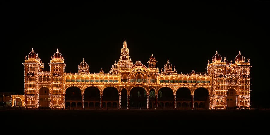 Mysore Palace illuminated at night, Karnataka